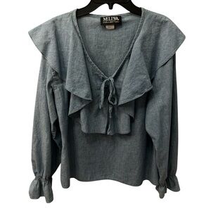 Women's Blue Ruffle Tie-Front Blouse